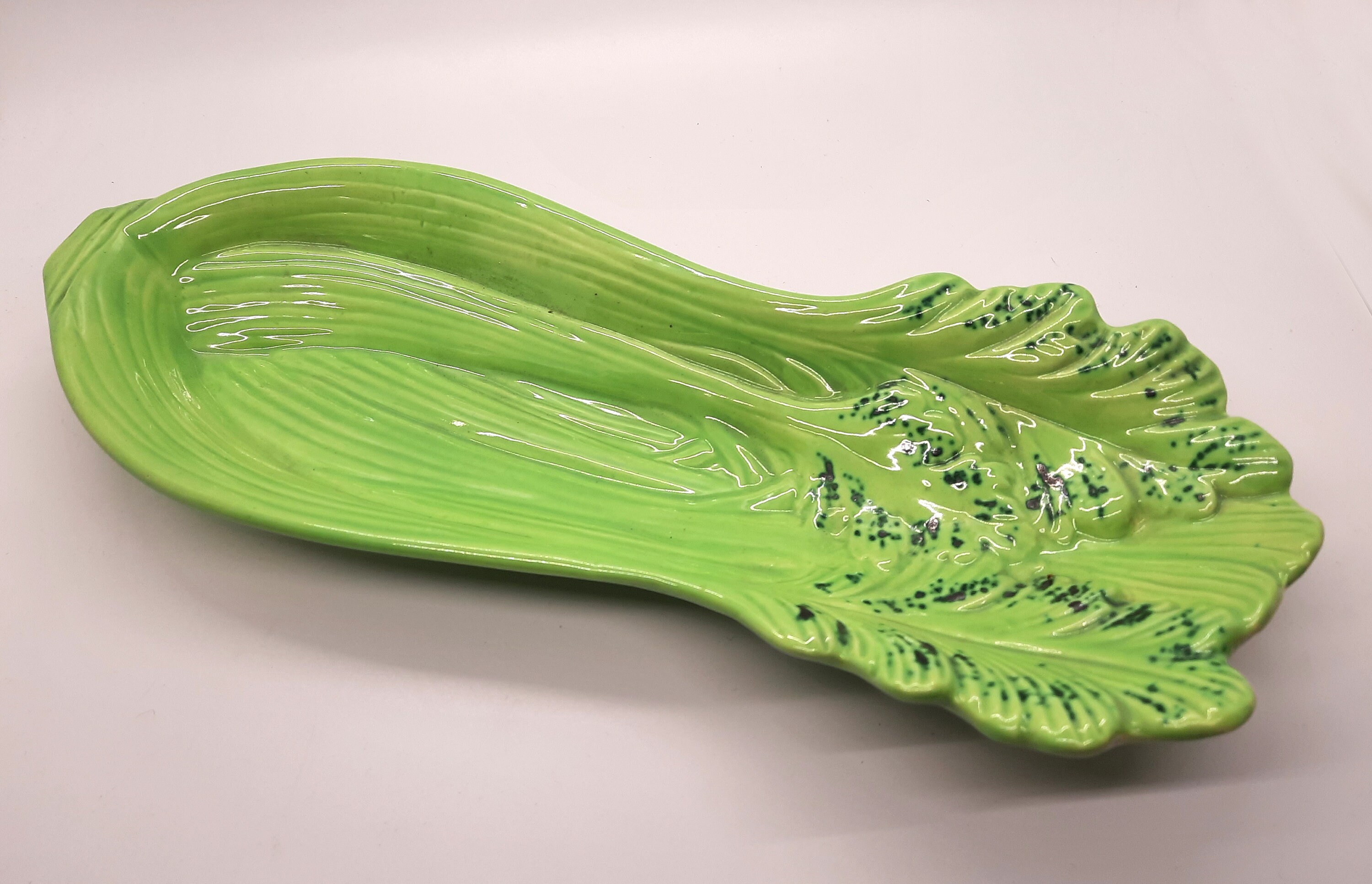 Vintage 1960s Hand Painted Ceramic Green Celery Serving Dish