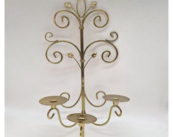 Brass Three-Arm Candle Sconce: Scrolled Leaf Wall Hanging
