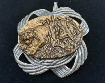 Studio art jewelry silver and bronze colored metal tiger pendant artist signed