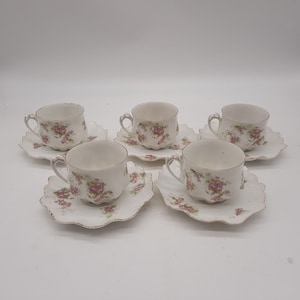 Antique M.Z. Austria tea cups and saucers, rose pattern, set of 5