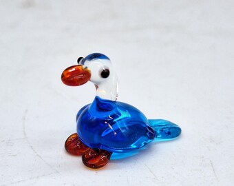 Blown glass blue clear duck bird miniature handmade animal  1&quot; x 1&quot; x 1/4&quot;
