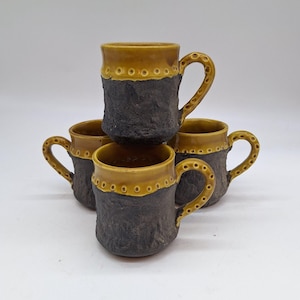 Mid Century Italian pottery mugs fat lava brown set of four signed HH Italy 7553 4&quot; x 5&quot; x 3.5&quot;