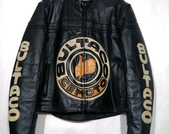 Chaqueta de motociclista Bultaco Cemoto estilo vintage negra – Réplica de equipamiento de motociclista de piel de vaca