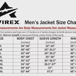 Puede incluir: Tabla de tallas de chaquetas AVIREX que muestra las medidas corporales en pulgadas. Las tallas van de la S a la 5XL, con medidas de pecho, largo de manga y cintura. El texto aclara que son medidas corporales, no de la chaqueta.