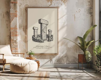 May include: A framed print featuring a detailed pen and ink illustration of Göbeklitepe T-Pillars. The artwork depicts ancient stone pillars arranged in a circular formation, with text at the bottom. The print is displayed in a room with a neutral color palette.