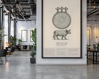 May include: A framed print featuring a black and white illustration of the Hittite Sun Disk and a bull. The artwork is displayed on a light-colored background with text at the bottom. The print is in a modern office setting.