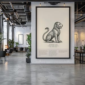 May include: A framed print featuring a detailed illustration of a seated lion. The artwork is in a vintage style, with the text "Urartian Lion" and other details below the image. The print is displayed in a modern interior.
