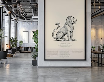 May include: A framed print depicting a detailed illustration of a seated lion. The artwork is in a vintage style, with the text "Urartian Lion" and other details below the image. The print is displayed in a modern interior.