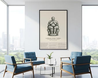 May include: A framed print of the Çatalhöyük Mother Goddess, a seated figure, in a minimalist black and white line drawing. The print is displayed in a modern room with blue armchairs and a white coffee table.