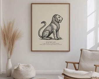 May include: A framed print with a black and white illustration of a lion. The artwork includes text at the bottom that reads "Urartian Lion". The print is displayed in a room with neutral decor. The frame is a light brown colour.