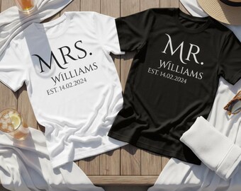 Personalized Mr And Mrs Shirts, Matching Couple Wedding T-Shirts, Just Married Honeymoon Outfit, Custom Last Name Anniversary Gift