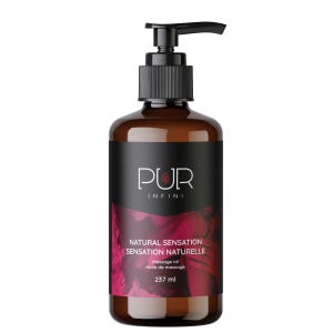 May include: A brown glass bottle of massage oil with a black pump dispenser. The label reads "PUR INFINI NATURAL SENSATION SENSATION NATURELLE Massage oil Huile de massage 237 ml."