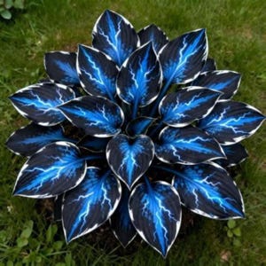 May include: A close-up of a hosta plant with large, heart-shaped leaves. The leaves are a deep black with vibrant blue veins that resemble lightning bolts. The edges of the leaves are trimmed with white.