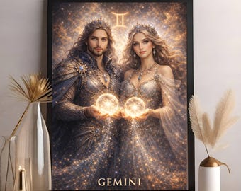 Quadro su tela raffigurante il Re dello Zodiaco Gemelli - Potente opera d'arte astrologica, decorazione zodiacale di lusso, regalo per il segno dei Gemelli