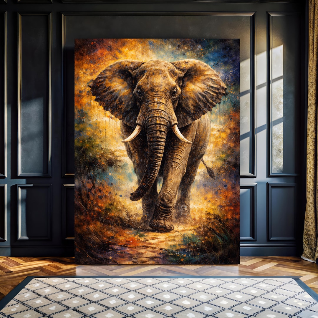 Majestic African Elephant Canvas Wall Art, Powerful Oil Painting Style ...