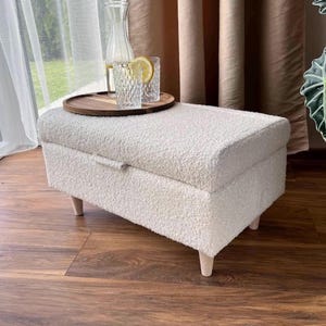 Boucle storage bench, entryway handmade furniture with seat, living room upholstered chest trunk, end of bed box for boho decor bedroom