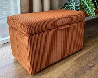 Corduroy storage bench, upholstered trunk for entryway, pouf for end of bed