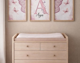 Set of 3 pink and mauve butterfly posters, wall decoration for baby girl's room, personalized name poster