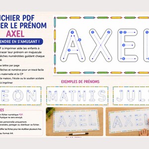 Puede incluir: Una hoja de trabajo educativa en PDF para imprimir, diseñada para trazar el nombre AXEL en letras mayúsculas. Incluye flechas numeradas para guiar el orden de los trazos, rodeada por un borde de lápices de colores y ejemplos como LEON, MATHIS y JULIE.