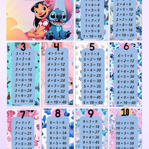 Pode incluir: Uma tabela de multiplicação com os personagens Lilo & Stitch. A tabela exibe as tabuadas de 1 a 10, cada seção em uma cor diferente. O título "TABLE DE MULTIPLICATION" está no topo.
