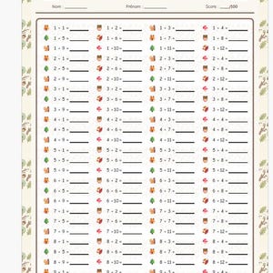 Peut inclure: Une feuille d'exercices de multiplication, intitulée "FICHE 1 - MULTIPLICATIONS (TABLES DE 1 À 12)", avec des problèmes de 1 à 12. Elle comprend des espaces pour le nom et le score, et est ornée d'illustrations d'animaux de la forêt.