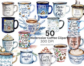 Paquete de 50 imágenes prediseñadas de café en acuarela, café PNG, ilustración, arte latte, taza, imágenes prediseñadas para amantes del espresso, descarga digital (300 DPI)