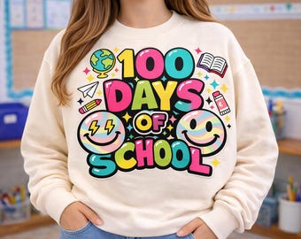 Neón 100 días de escuela (Png), Lazo coqueto (Png), Camisa de profesor/a/a, Brillantina a cuadros (Png), Carita feliz de 100 días (Png), Digital