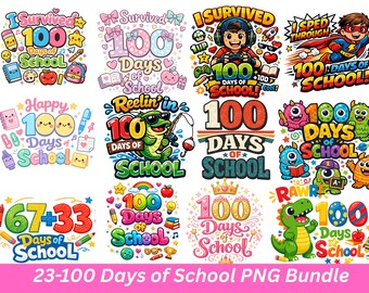Paquete PNG de 100 días de escuela, PNG de 100 días de escuela, diseños escolares para maestros y estudiantes, dibujos animados de 100 días, sublimación PNG