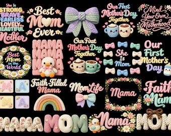 Paquete PNG del Día de la Madre con lazo de coqueta de hilo sintético, la mejor mamá del mundo, tejido de crochet acogedor, floral, citas de la vida de mamá, sublimación del primer día de la madre