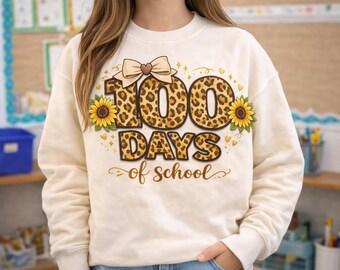 Leopardo 100 días de clases PNG | Diseño de girasol para maestros | Camiseta 100 días más inteligente PNG | Descarga digital