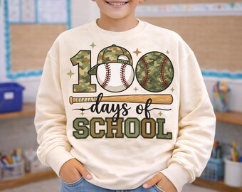 100 días de clases, béisbol, camuflaje, PNG, SVG, diseño de camiseta escolar para niño con gorra de camuflaje, fanáticos del béisbol, 100 días divertidos para niños, regalo de 100 días de béisbol