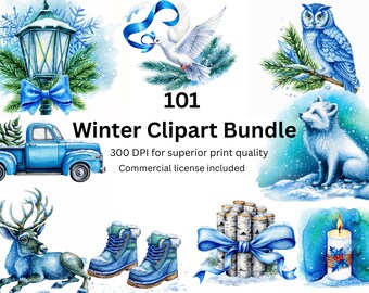 Paquete de 101 imágenes PNG de acuarela invernal | Alta resolución de 300 DPI | Nieve, Navidad y elementos acogedores