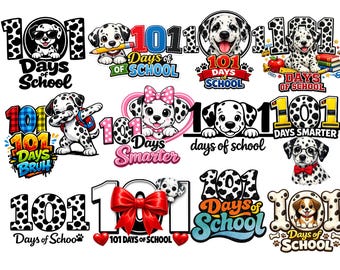 Paquete PNG de 101 días de escuela, sublimación de un lindo perro moteado, 100 días más inteligente, feliz día 101, diseño de camiseta para maestro/a y estudiante, clipart de cachorro