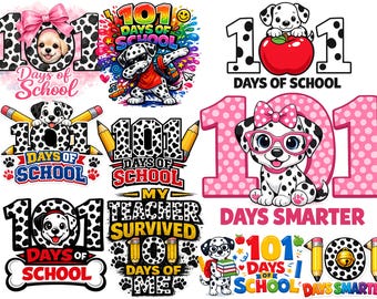Paquete PNG de 101 días de escuela, sublimación de un lindo perro moteado, 100 días más inteligente, feliz día 101, diseño de camiseta para maestro/a y estudiante, clipart de cachorro