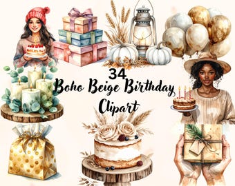 Paquete de 34 imágenes prediseñadas de cumpleaños bohemias en beige | PNG de fiesta bohemia neutra | Ilustración minimalista de cumpleaños | Uso comercial