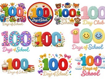 Paquete PNG de 100 días de clases | Estilo crochet con hilo sintético | PNG de sublimación para maestros | Diseño de 100 días de clases | 300 DPI para uso comercial