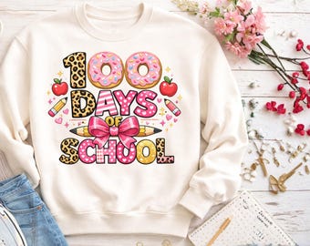 Imagen PNG de 100 días de colegio | Camiseta rosa de 100 días con lazo | Pequeña señorita 100 días más lista | Descarga digital | 300 DPI para uso comercial