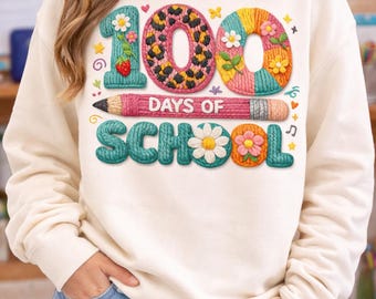 PNG de 100 días de clases con hilo sintético, diseño de camiseta de crochet preppy de 100 días de clases, sublimación del 100.º día de clases