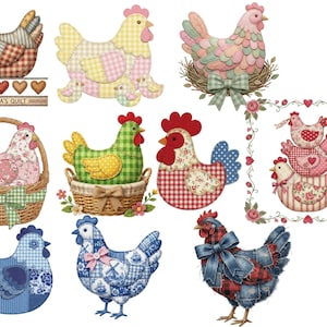 May include: A collection of patchwork chicken designs in various colors and patterns. Some chickens are in baskets or nests, while others stand alone. The phrase "Grandma's Quilt" is also present.
