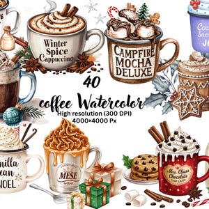 Puede incluir: Ilustración en acuarela con varias bebidas de café en tazas, incluyendo capuchino, moca y latte. La imagen incluye texto como "Winter Spice Cappuccino" y "Campfire Mocha Deluxe". La imagen también incluye el texto "40 coffee Watercolor".