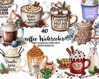 Paquete de imágenes prediseñadas de café en acuarela | Café PNG | Arte latte, taza, taza de espresso, granos de café | Descarga digital