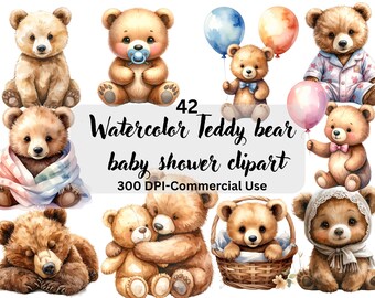 42 imágenes prediseñadas de osito de acuarela para baby shower | Lindo osito bebé PNG | Ilustración para guardería | Uso comercial