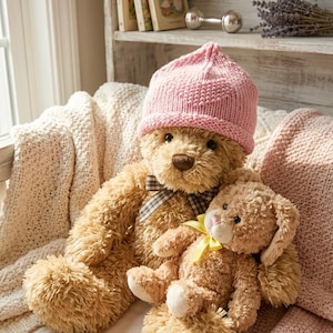 May include: Two plush teddy bears, one large and one small, are nestled together. The larger bear wears a pink knit cap and a plaid bow tie. The smaller bear, a bunny, has a yellow ribbon. They rest on a cream-colored blanket.