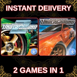 以下が含まれることがあります： 2つのNeed for Speed Undergroundビデオゲームのカバーが表示されています。左側は緑色の車と金色のホイール、右側はオレンジ色の車です。「INSTANT DEIIVERY」と「2 GAMES IN 1」の文字も表示されています。