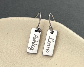 Personalized Engraved Name Dainty Tag Stainless Steel Earrings - Custom Earrings - Custom Jewelry