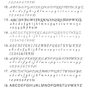 May include: A black and white image showing a font style guide with the alphabet in uppercase and lowercase letters, along with numbers 1 through 10. The font is a cursive script style.