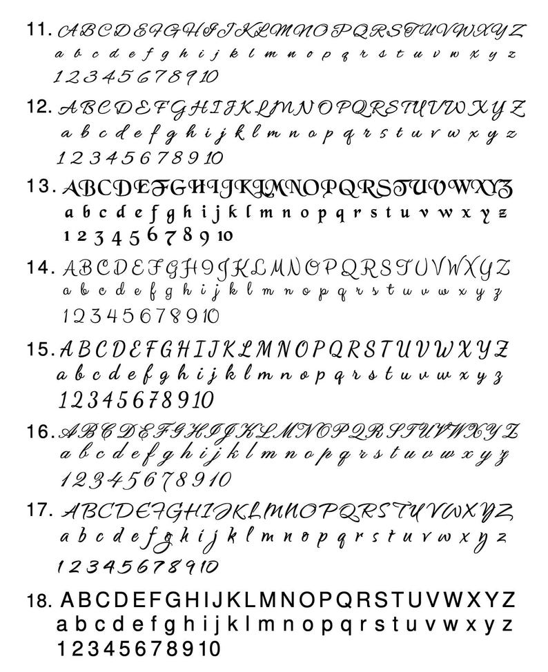 May include: A black and white image showing a font style guide with the alphabet in uppercase and lowercase letters, along with numbers 1 through 10. The font is a cursive script style.