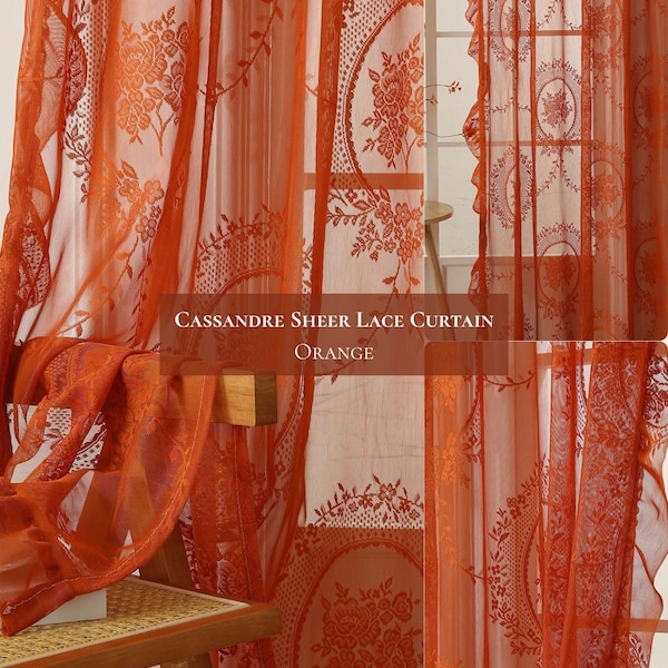Cassandre Sheer Lace Curtain for Bedroom & Living Room - Romantic Style Drapes with Ruffles - Orange