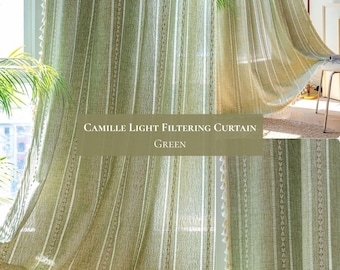 Camille Cotton Blend Light Filtering Curtain - Green Semi Blackout Drapes