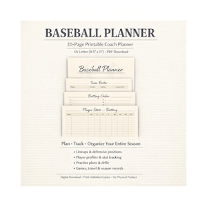 Könnte beinhalten: Ein Baseball-Planer mit dem Titel "Baseball Planner". Der Planer enthält Seiten für Teamaufstellung, Schlagreihenfolge und Spielerstatistiken. Der Planer hat das US Letter-Format, 21,6 x 27,9 cm, und ist ein PDF-Download.